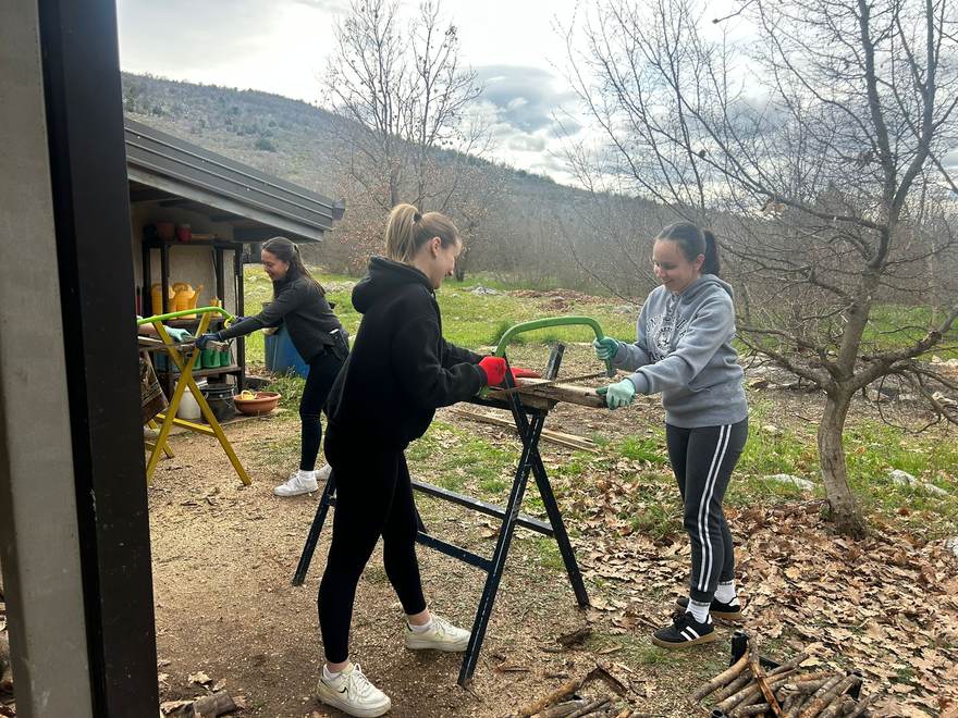 Tri volonterke pile drva u dvorištu